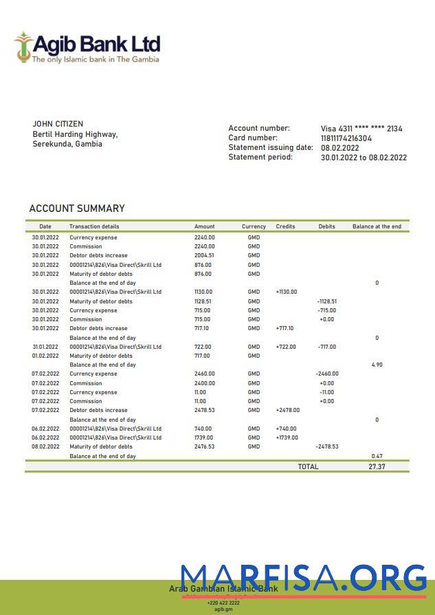 Blank Gambia Arab Gambian Islamic Bank statement.doc download for verification